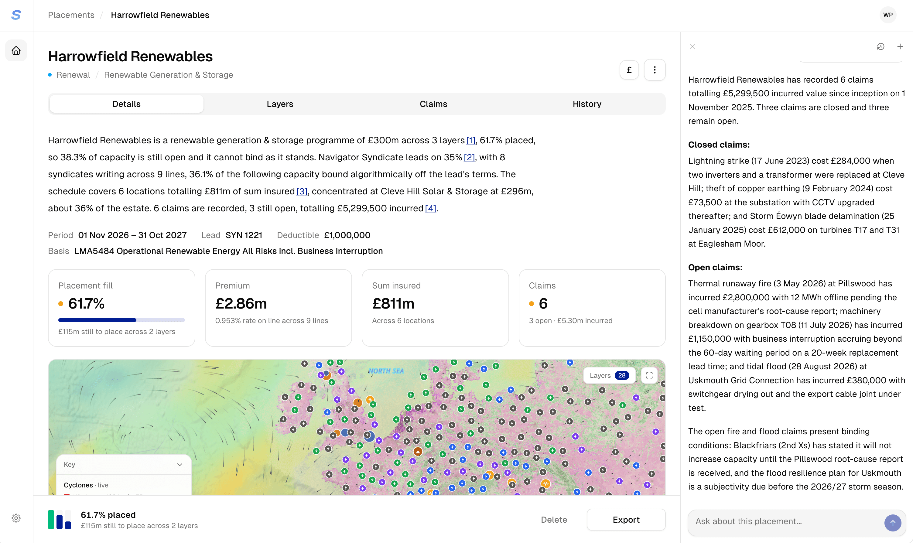 A renewable generation placement in Slipstream: written summary, layers, premium, sum insured and claims, with sites mapped under live hazard layers and the loss record answered alongside.